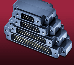 9-pin, 15-pin, 25-pin and 50-pin air-service gender adapters stacked on top of each other