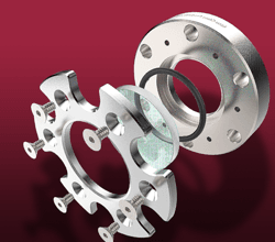 Deconstructed model of demountable viewport, Accu-Sol glass and o-ring on CF flange