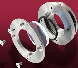 Deconstructed model of demountable viewport, Accu-Sol glass and o-ring on ISO flange
